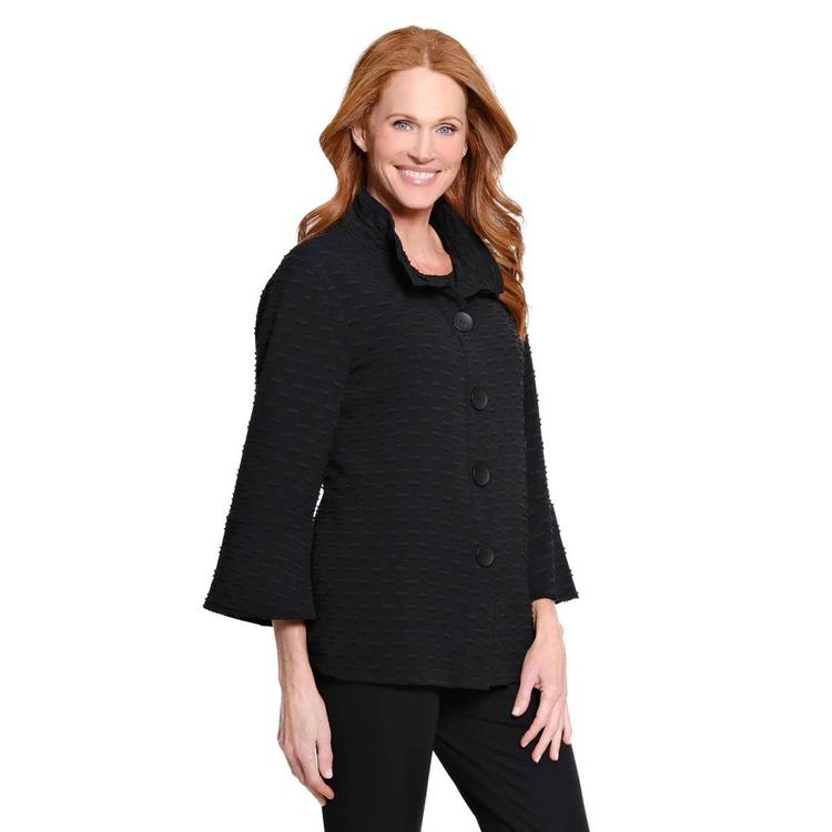 Petite Multiples 3/4 Flounce Sleeve Solid Button Front Blouse