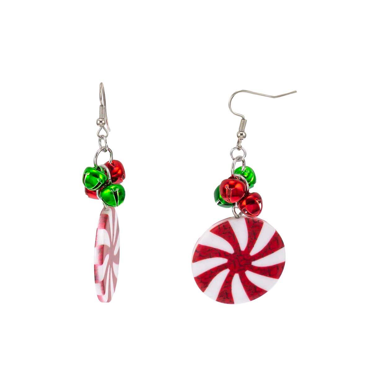 Gold-Tone Candy Cane Pinwheel Drop Earrings w/ Mini Bell Detail