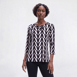 Womens Notations 3/4 Sleeve Geometric Grommet Neck Blouse