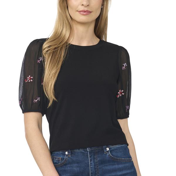 Womens Cece Short Beaded Floral Sleeve Mixed Media Top