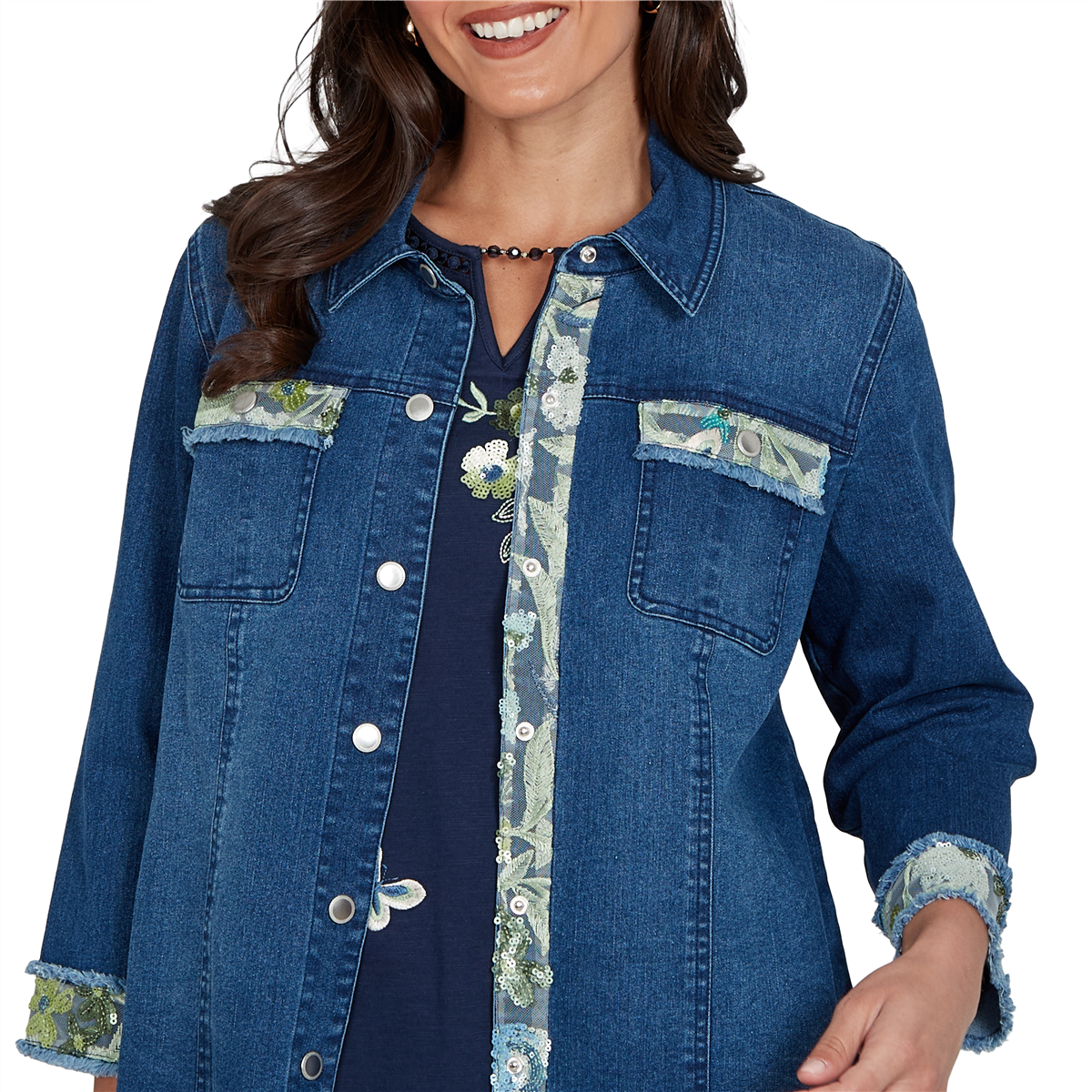 Womens Alfred Dunner Indigo Girls Floral Trim Denim Jacket