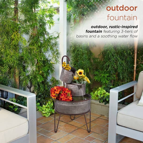 Alpine 3-Tier Stacked Rustic Metal Tub Planter Fountain