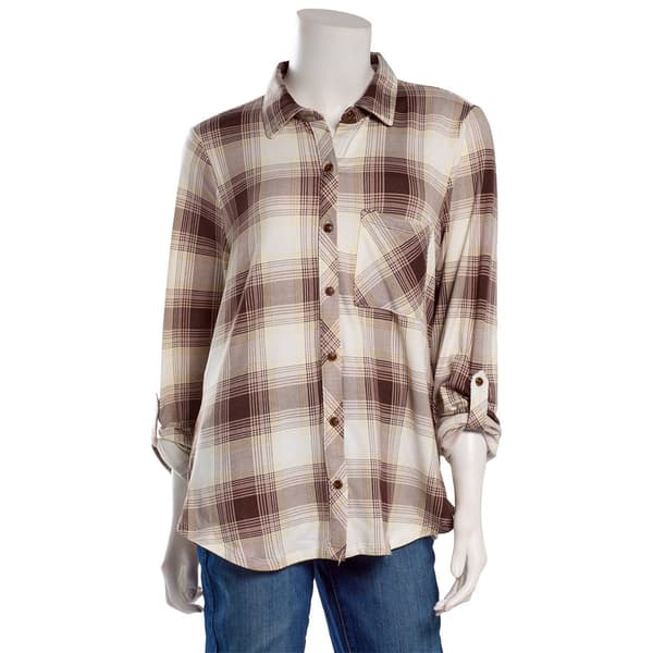 Juniors No Comment Plaid Fleece Roll Tab Sleeve Flannel-Chamomile