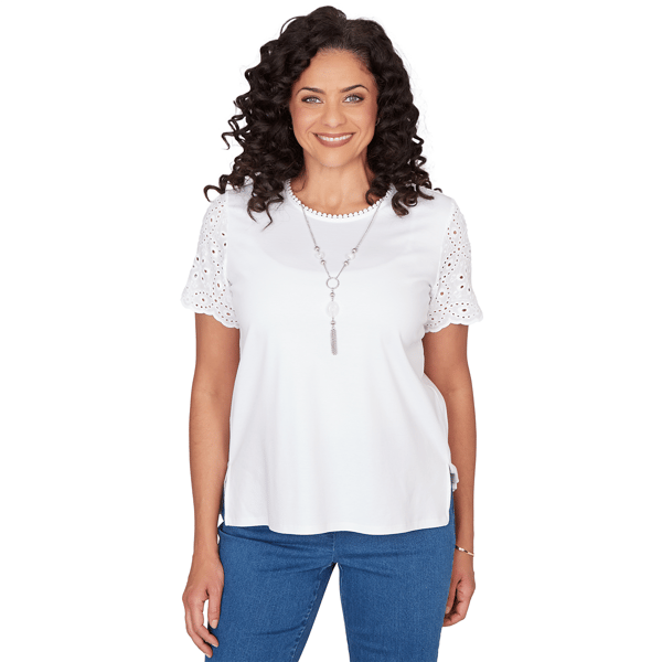 Womens Alfred Dunner Classics Short Eyelet Sleeve Solid Blouse