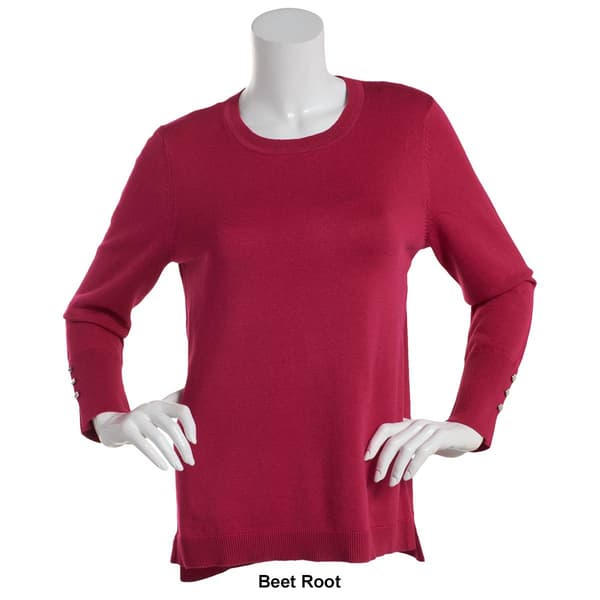Plus Size Retrology Crew Neck Button Sleeve Side Slit Sweater