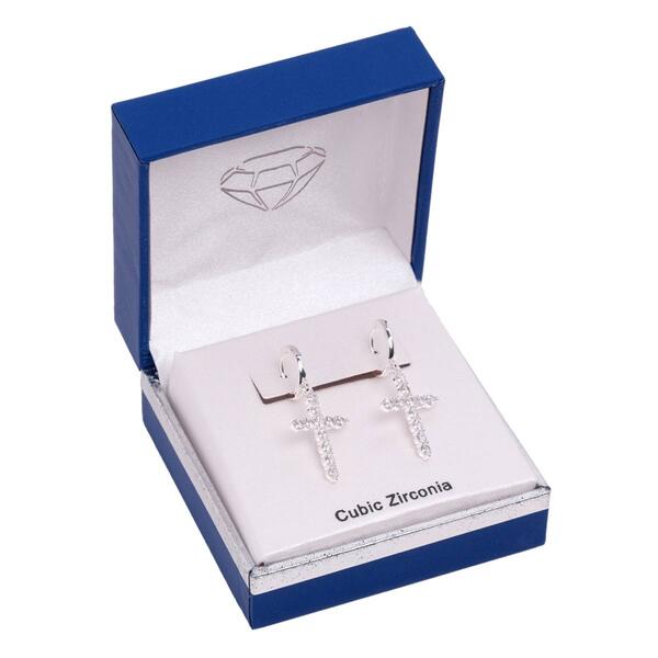 Silver-Tone Round CZ Cross Drop Earrings - image 