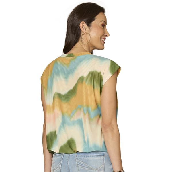 Womens Democracy Cap Sleeve Bubble Hem Abstract Blouse