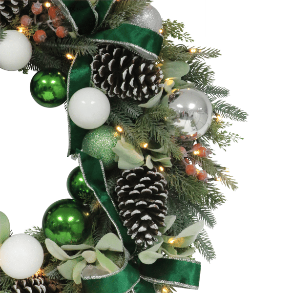 Puleo International Pre-Lit White& Green Adorned Christmas Wreath