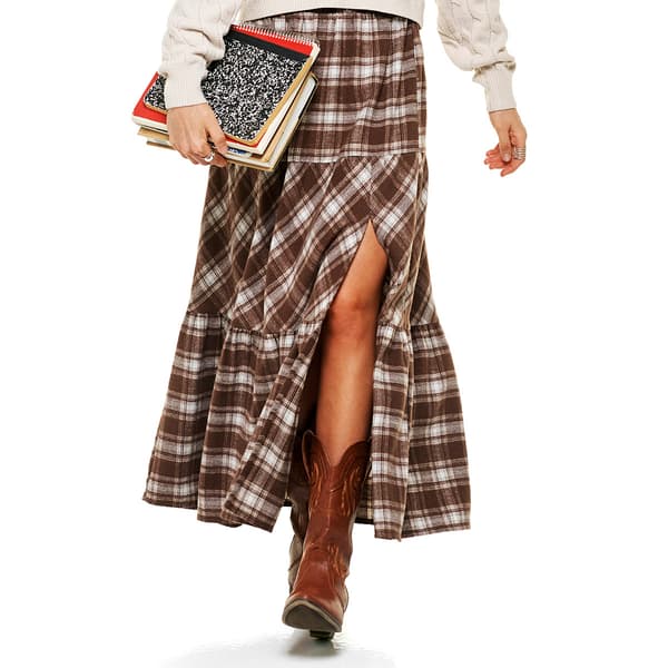 Juniors No Comment Plaid Tier Maxi Skirt with Slit - image 