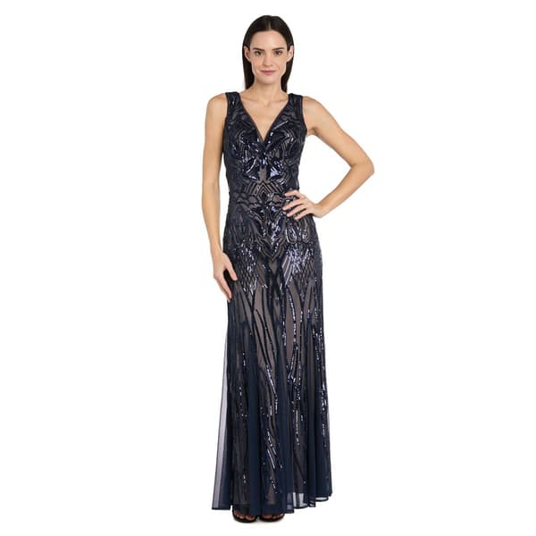 Womens R&M Richards Embellished V-Neck Beaded Evening Gown - image 
