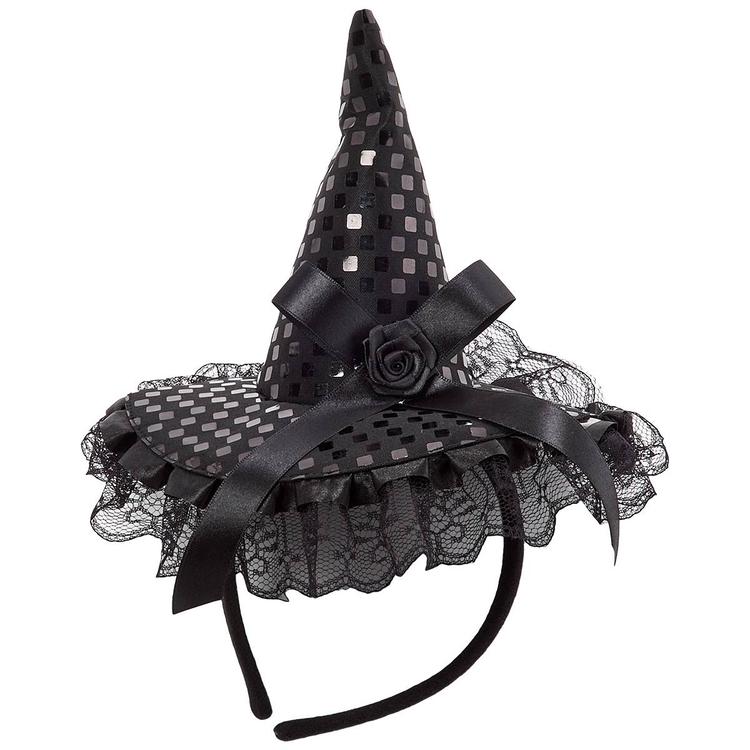 Womens Happy Halloween Lace & Sequin Witch Hat Headband