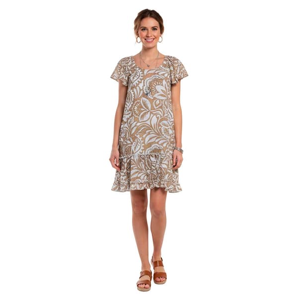 Womens Robbie Bee Short Sleeve Ruffle Hem Floral Leaf Shift Dress