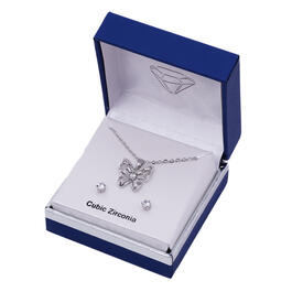 Cubic Zirconia Butterfly Necklace & Round Stud Earrings Set