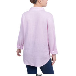 Womens NY Collection 3/4 Sleeve Solid Casual Button Down