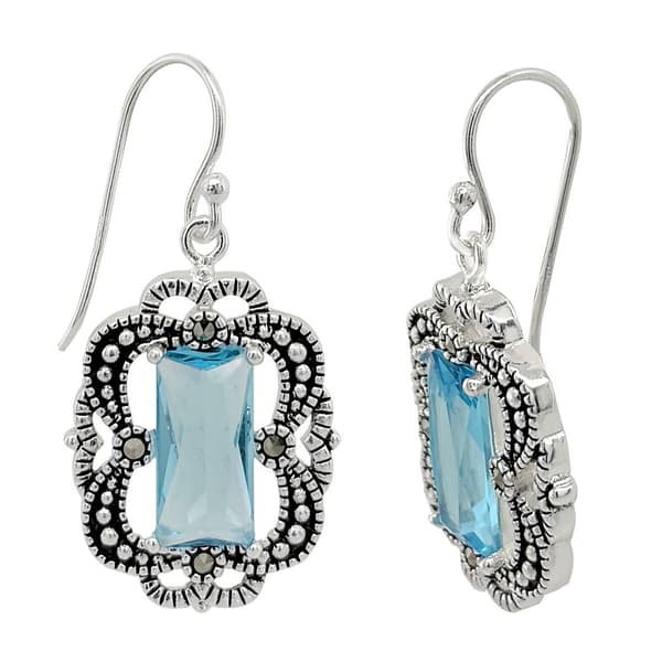 Marsala Fine Silver Plated Marcasite Blue Glass Earrings - image 