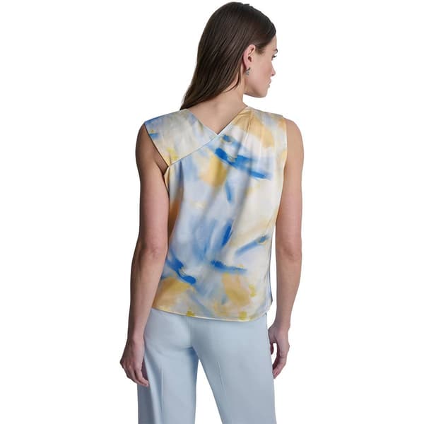 Womens DKNY Sleeveless Asymmetrical V Neck Abstract Blur Blouse