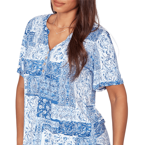 Womens Ruby Rd. French Riviera Elbow Sleeve Patchwork Henley Tee
