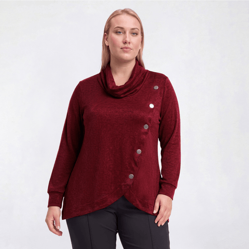 Plus Size Notations Long Sleeve Silver Button Hacci Blouse