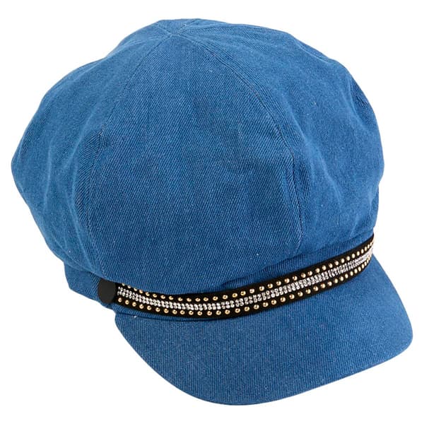 Womens Madd Hatter Denim Rhinestone Band Newsboy Cabbie Hat - image 