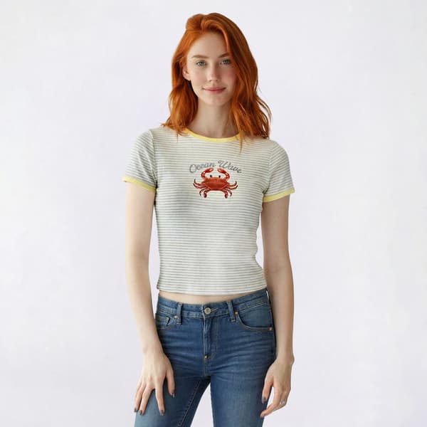 Juniors No Comment Contrast Rib Trim Ocean Wave Baby Tee - image 