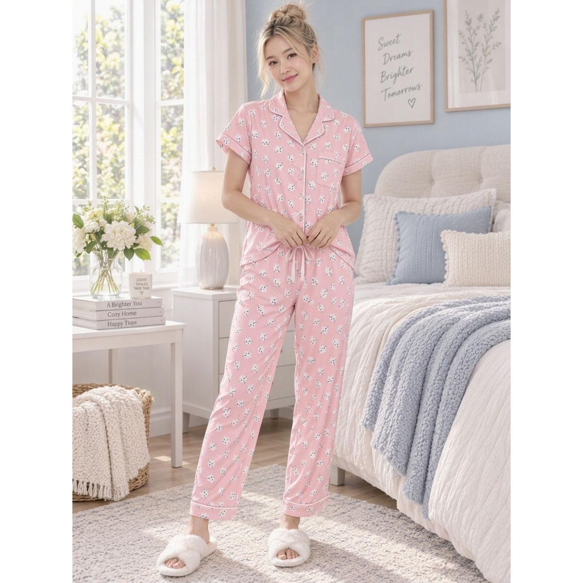 Juniors Pillow Talk Cat Faces Tee & Long Leg Pajama Set