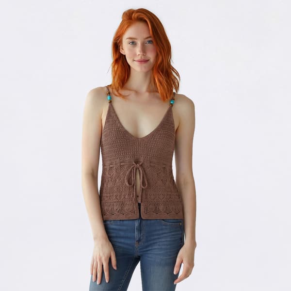 Juniors Pink Rose V Neck Pointelle Lacing Camisole with Beads
