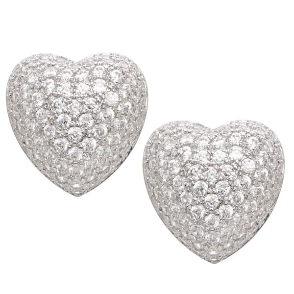 Fine Silver Plated CZ Puff Heart Earrings - image 