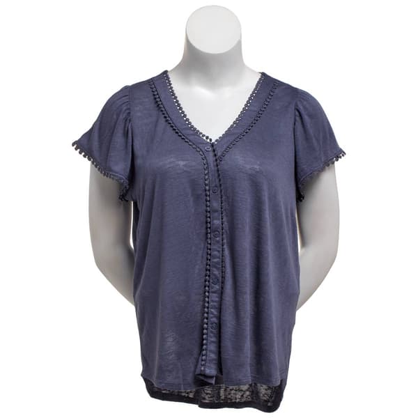 Plus Size French Laundry Cap Sleeve Solid Crochet Trim Blouse - image 