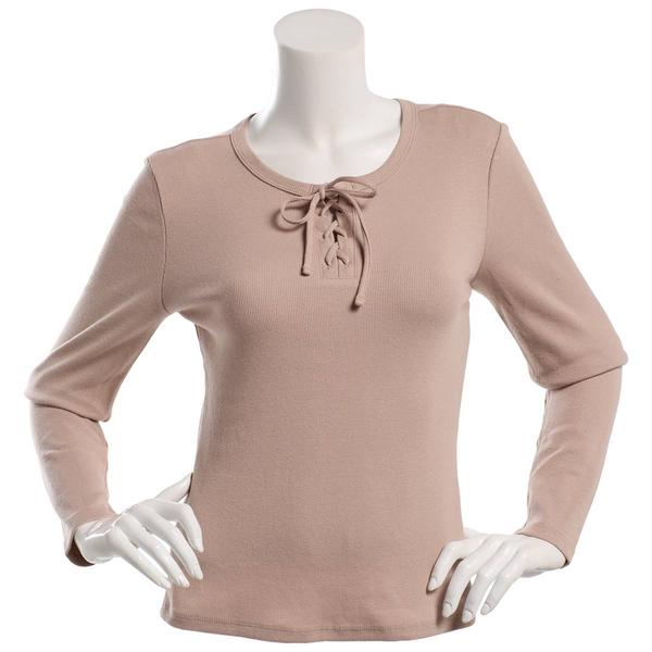 Juniors Pink Rose Long Sleeve Rib Lace Up Tie Top - image 