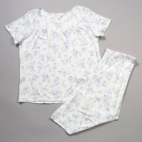 Womens Laura Ashley Short Sleeve Floral Lace Capri Pajama Set - image 