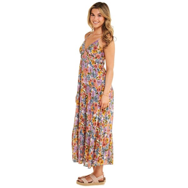 Juniors Angie Smocked Bodice V-Neck Floral Tier Maxi Dress