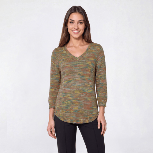 Petite Napa Valley 3/4 Sleeve Space Dye V-Neck Sweater - image 