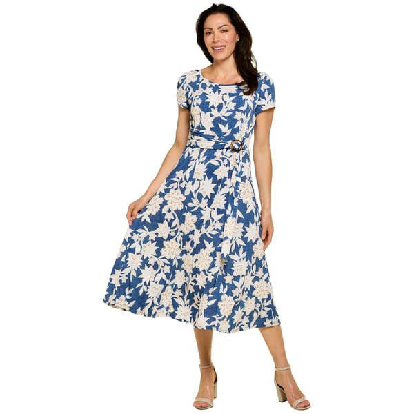 Womens Perceptions Short Sleeve Puff Floral Midi Dress