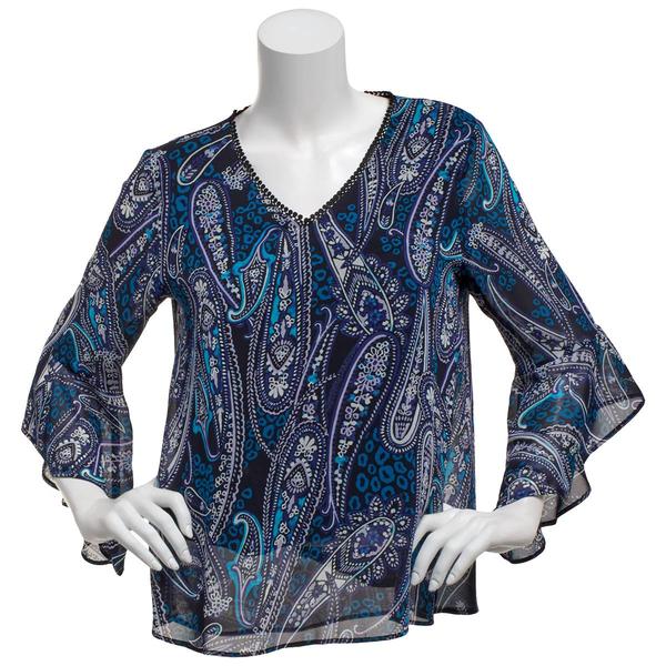 Womens Kasper 3/4 Ruffle Sleeve V-Neck Paisley Blouse - image 
