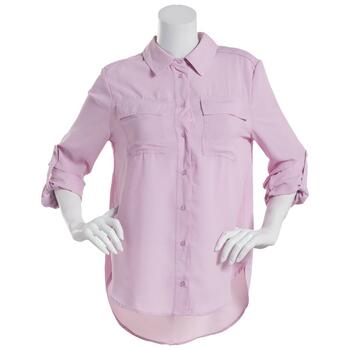 Juniors Love Tree Dobby Roll Tab Casual Button Down Blouse - Boscov's