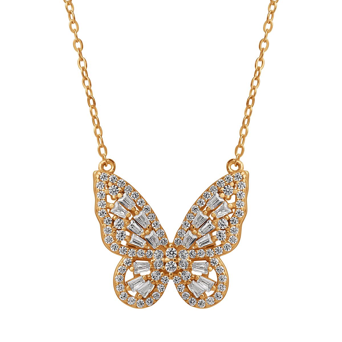 Yellow Gold Plated CZ Butterfly Pendant Necklace