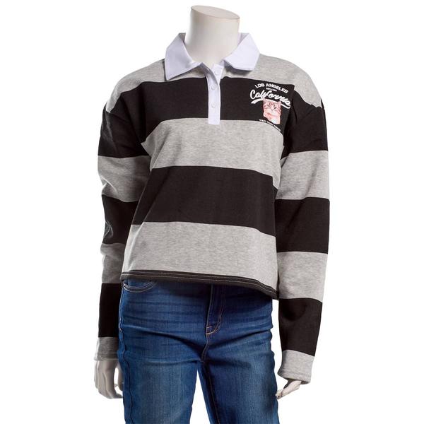 Juniors No Comment Rugby Stripe Fleece Collar Pullover- Grey - image 