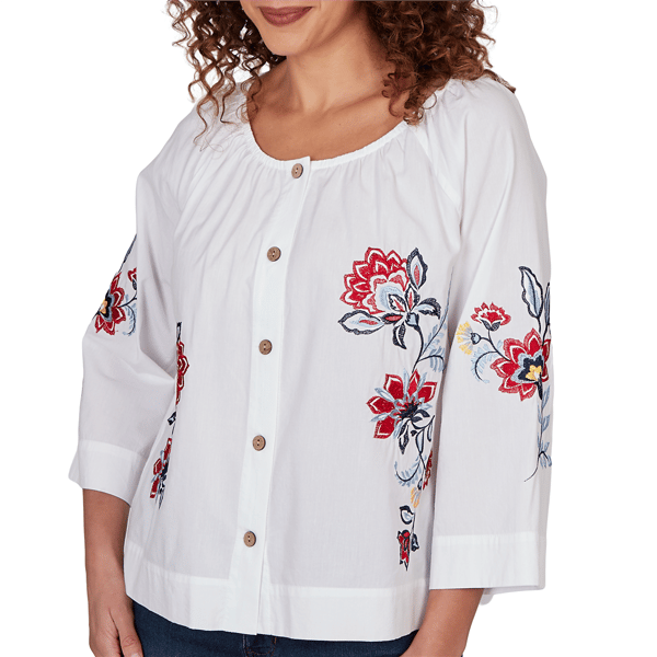 Womens Ruby Rd. French Riviera Floral Button Front Poplin Blouse