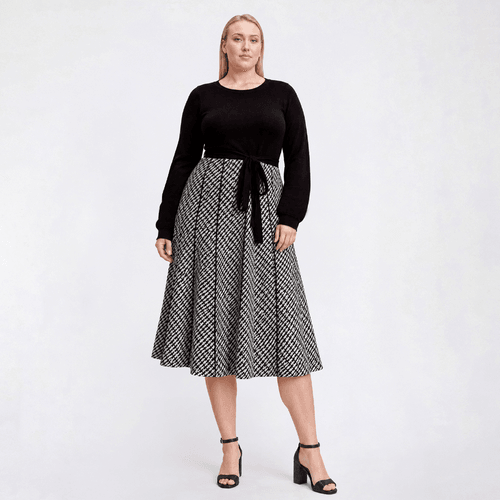 Plus Size Robbie Bee Long Sleeve Geometric A-Line Sweater Dress