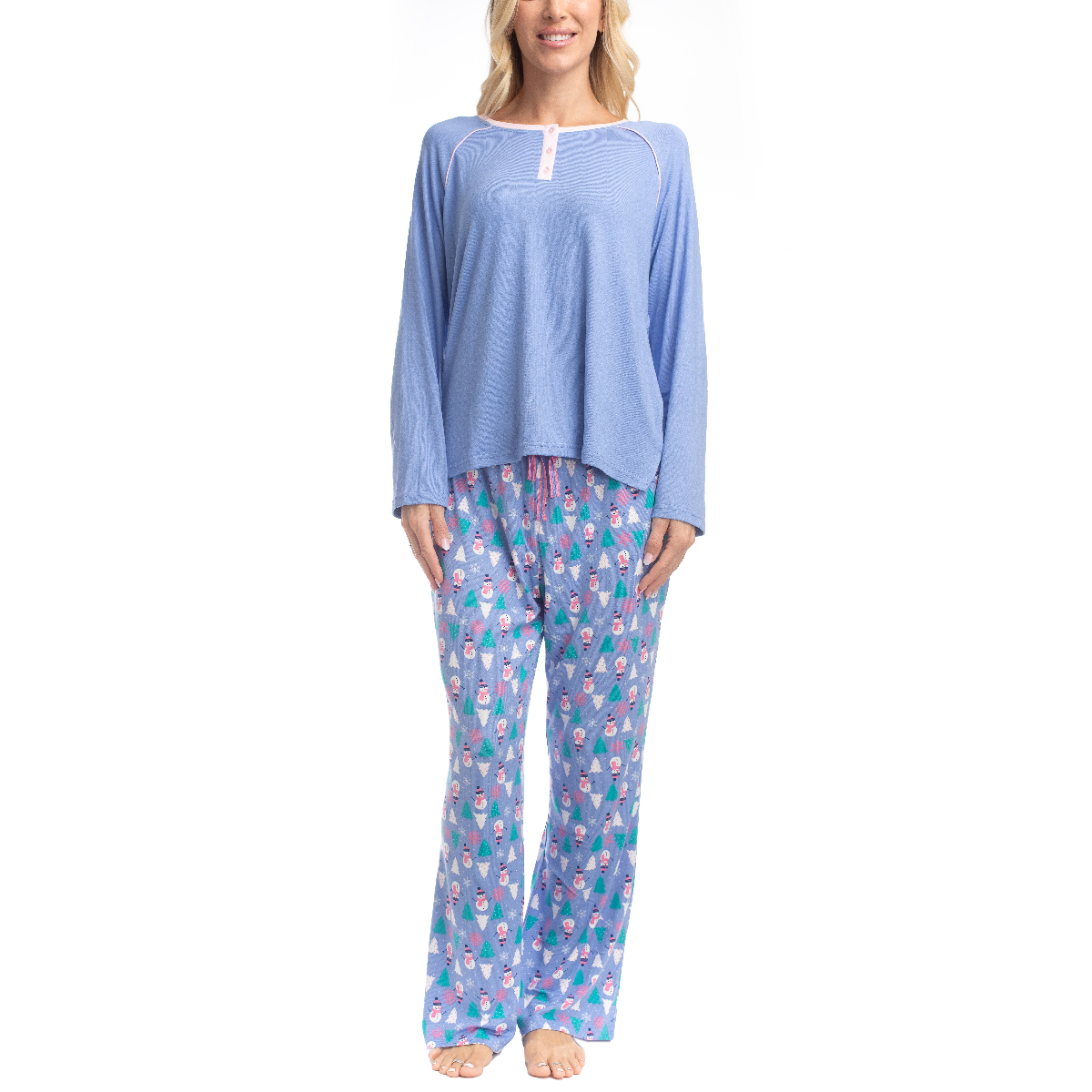 Womens Goodnight Kiss Cherry & Merry Snowman Henley Pajama Set