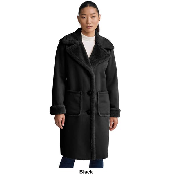 Womens NVLT Sueded Mid Length Shearling Coat w/Faux Fur Lining