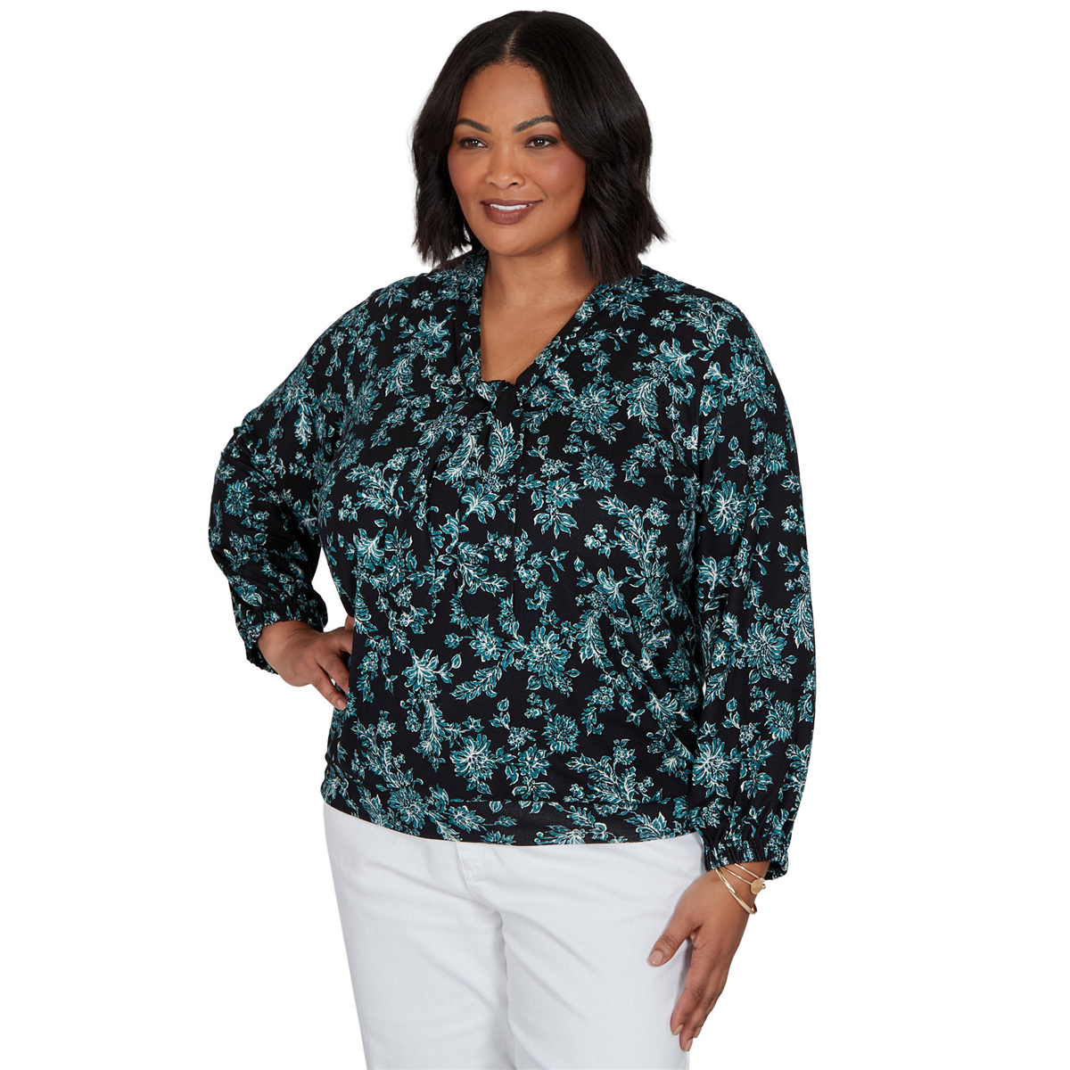 Plus Size Emaline Feminine Mystique Tie Neck Floral Blouse