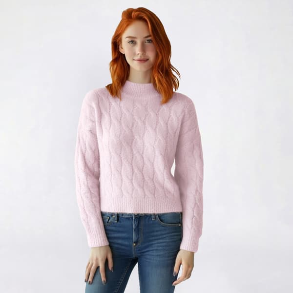 Juniors Pink Rose Fuzzy Feather Mock Neck Cable Knit Sweater