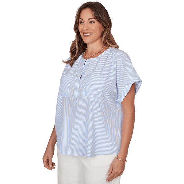 Plus Size Hearts of Palm Aqua Fresh Short Sleeve Stripe Blouse