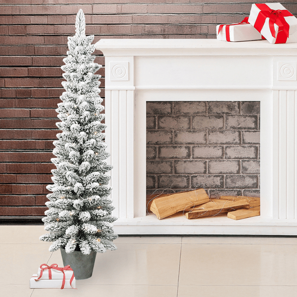 Santa''s Workshop 5ft. Pre-Lit Warm White Flocked Slim Potted Tree