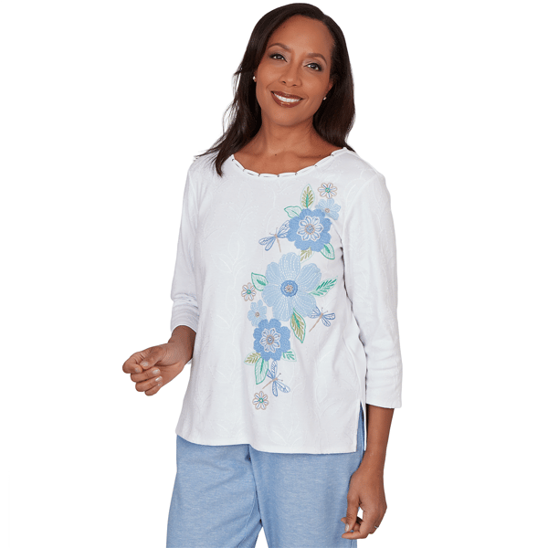 Petite Alfred Dunner Caribbean Blues Dragonfly Floral Blouse