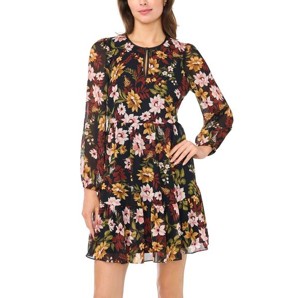 Womens MSK Long Sleeve V Neck Print Chiffon Dress - image 