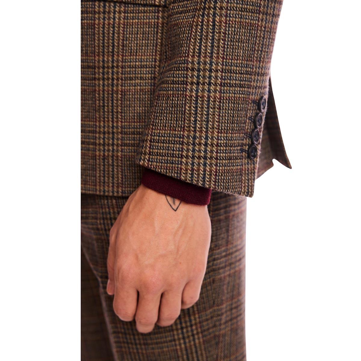 Mens Paisley & Gray Plaid Peak Suit Jacket - Teal/Brown