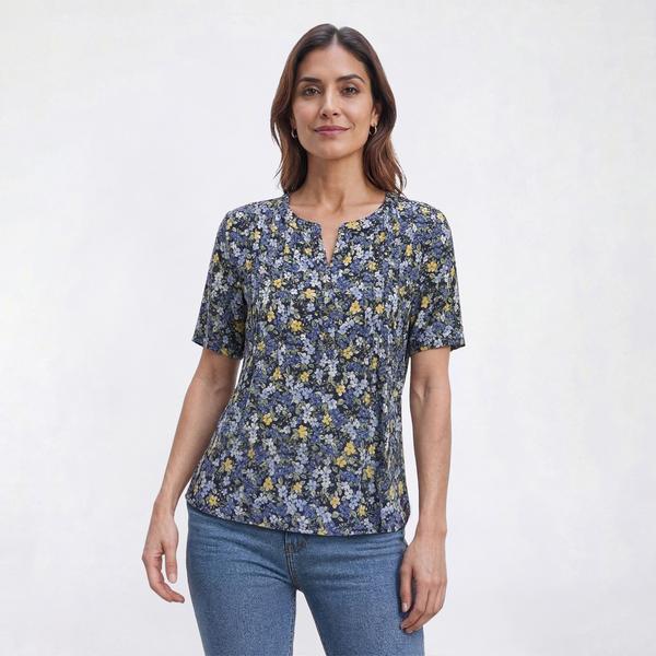 Petite Napa Valley Short Sleeve Floral Pleat Henley Blouse - image 