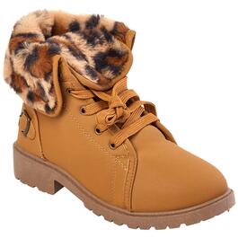 Girls Olivia Miller Combat Boots w/Leopard Fur Collars - Cognac